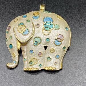 Vintage Oversize Enamel Elephant Brooch Pin Abstract Polka Dot Gold Tone Pendant